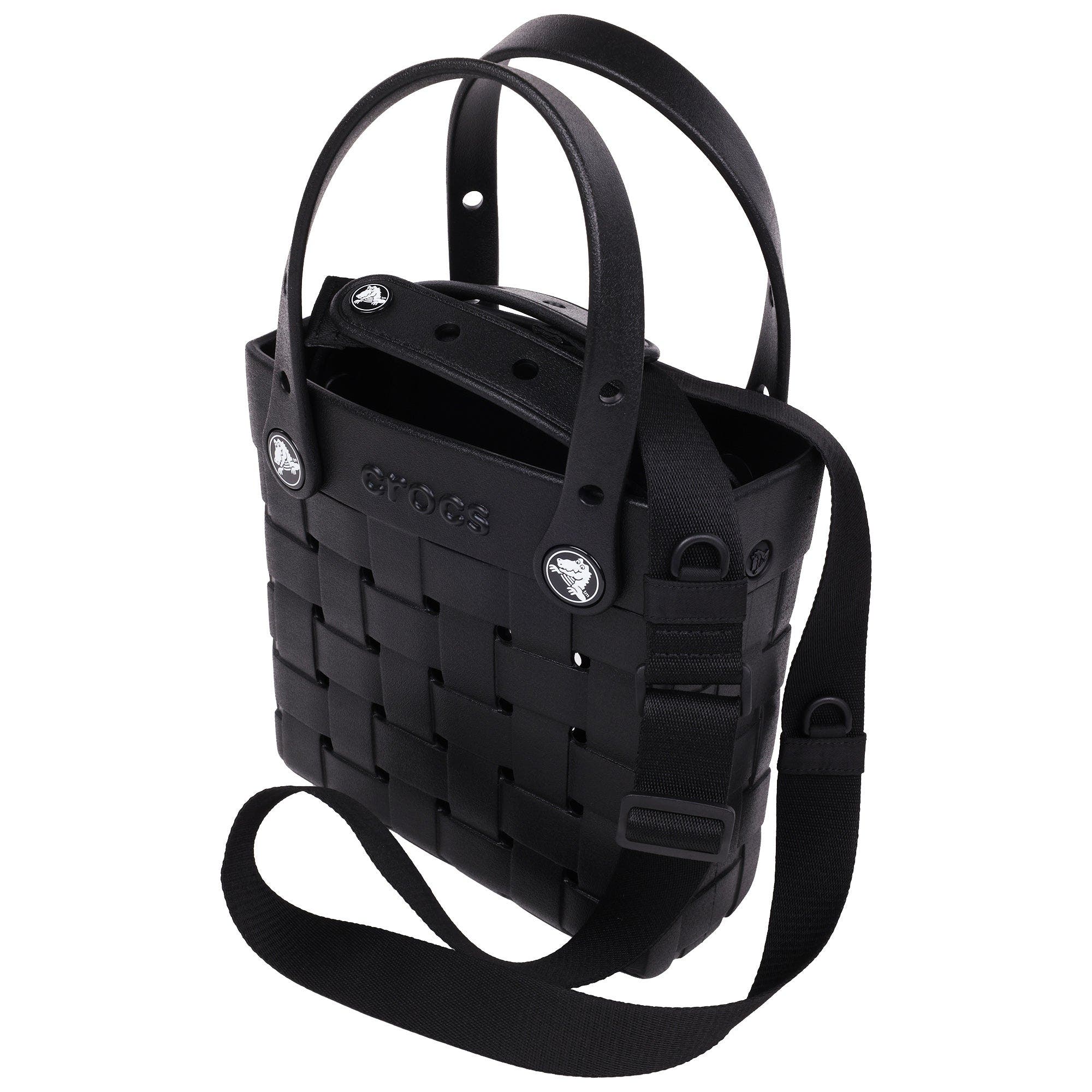 CROCS Small Woven Style Crocssbody Tote with Top Handles and removeable Crocssbody strap, Alternate, color, Black