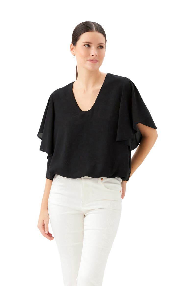 Flutter Sleeve V-Neck Top, Alternate, color, BLACK
