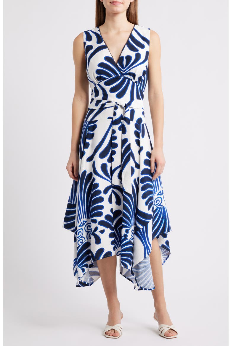 Abstract Floral Handkerchief Hem Midi Dress, Main, color, NAVY/ WHITE