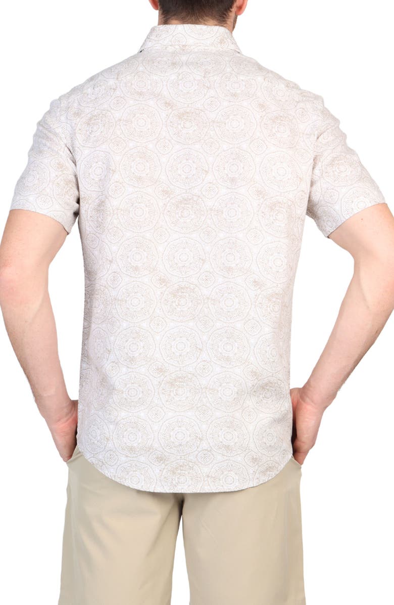 TailorByrd Batik Print Linen Blend Short Sleeve Button-Down Shirt, Alternate, color, Dove White