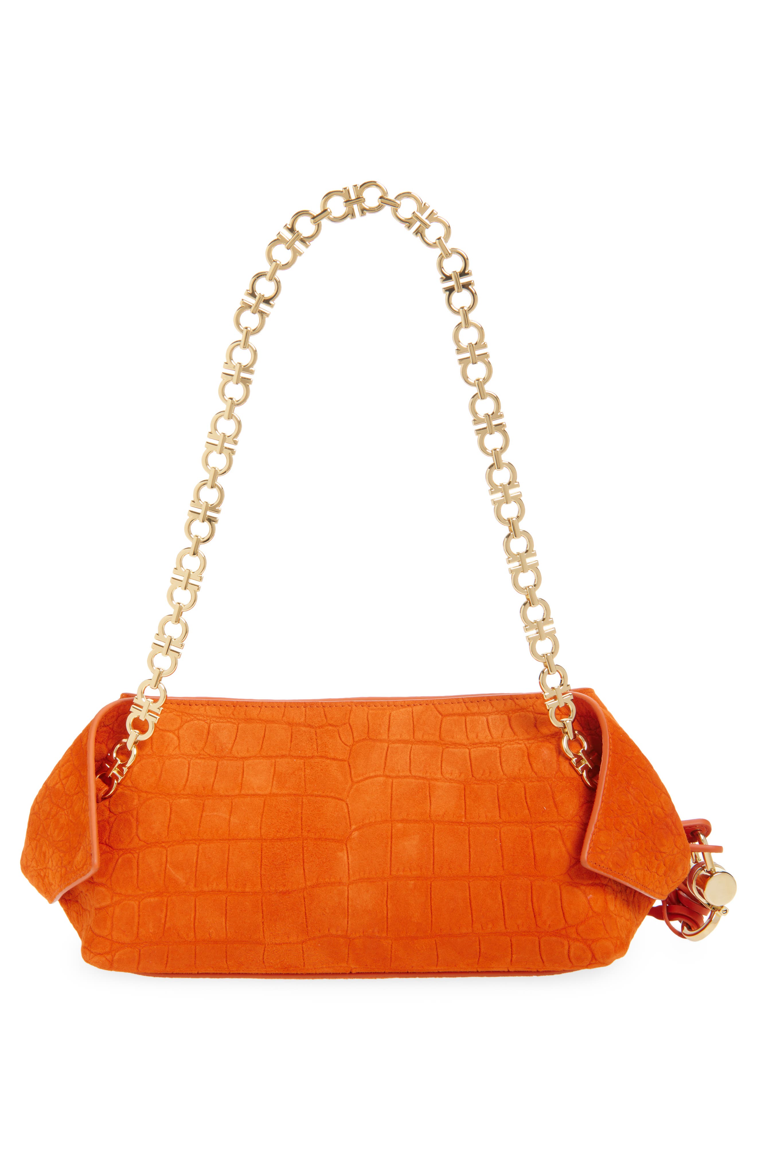 FERRAGAMO Gancini Chain Folded Croc Embossed Suede Shoulder Bag, Alternate, color, Light Siena