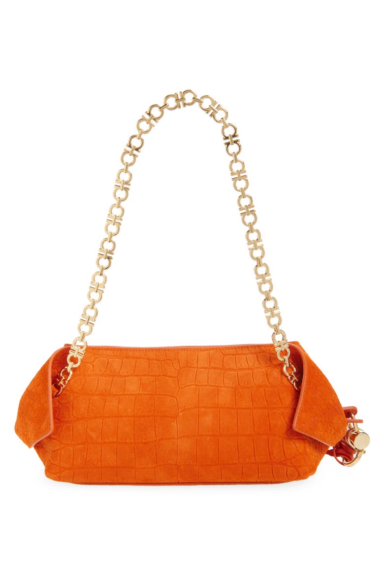 FERRAGAMO Gancini Chain Folded Croc Embossed Suede Shoulder Bag