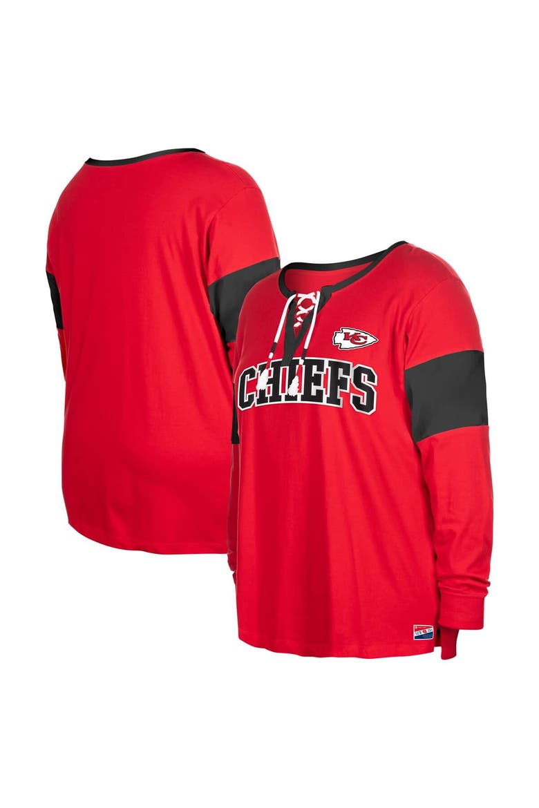 Women's New Era Red Kansas City Chiefs Plus Size Lace-Up Notch Neck Long Sleeve T-Shirt, Main, color, Red