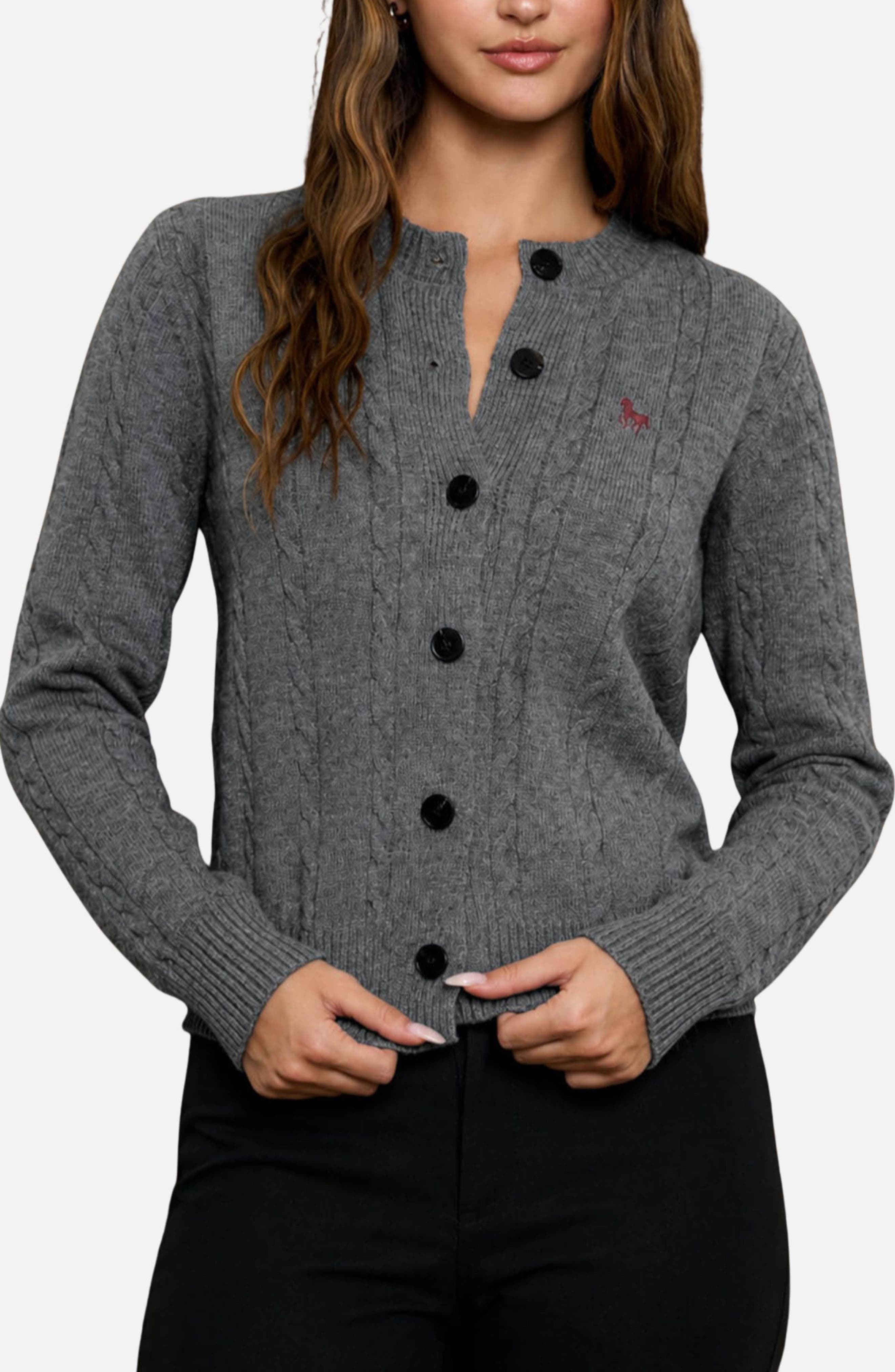 Blu Pepper Embroidered Horse Cable Knit Crop Cardigan In Grey