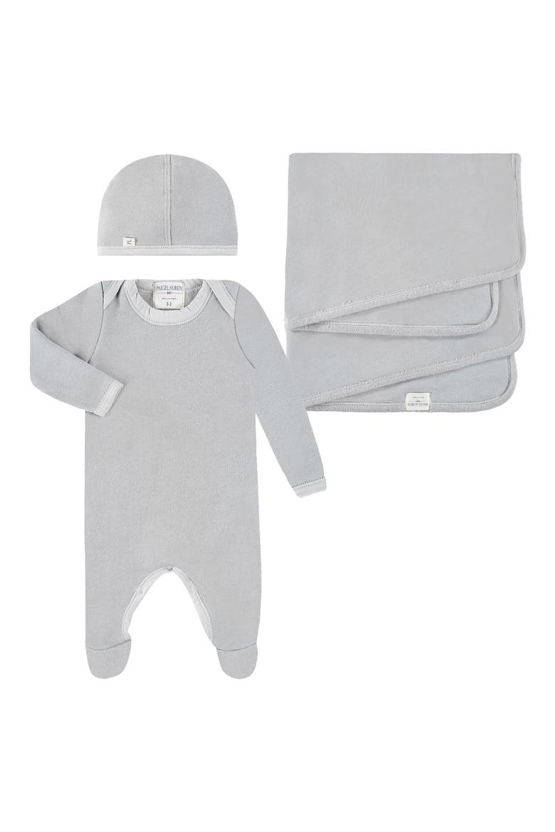 Welcome Home Fleece Footie, Hat & Blanket Set, Main, color, GRAY