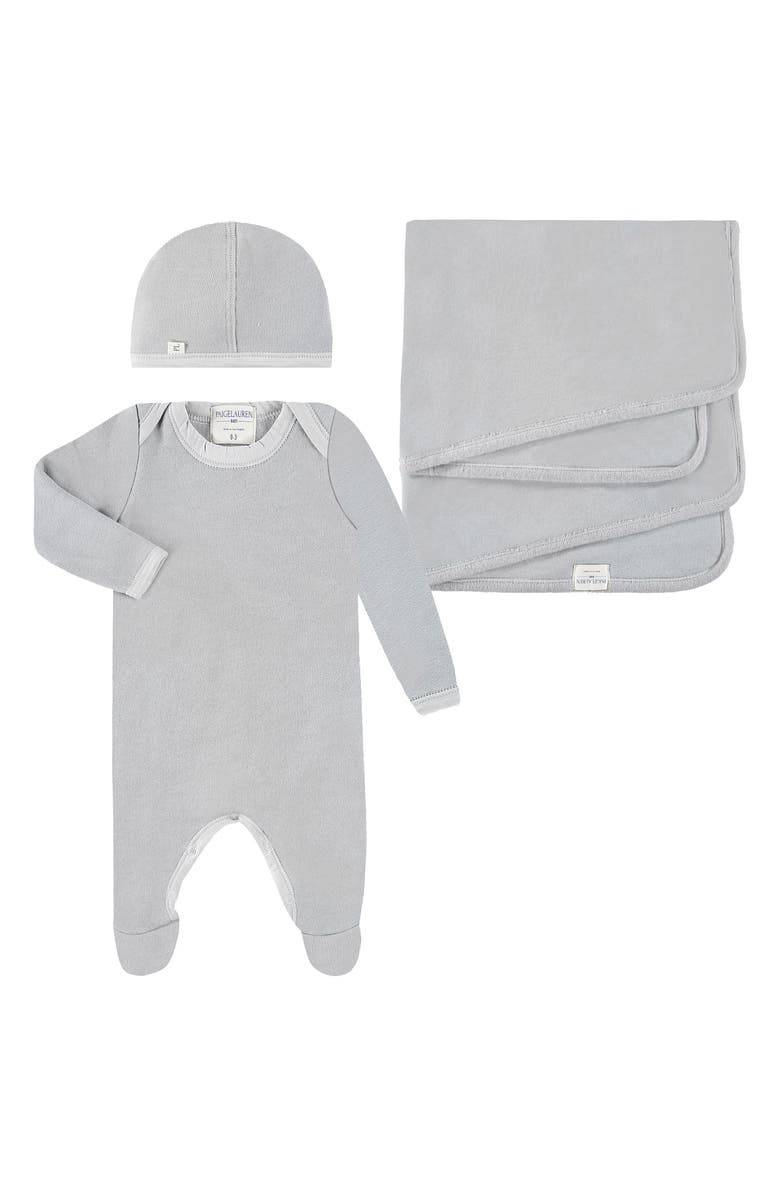PAIGELAUREN Welcome Home Fleece Footie, Hat & Blanket Set, Main, color, Gray