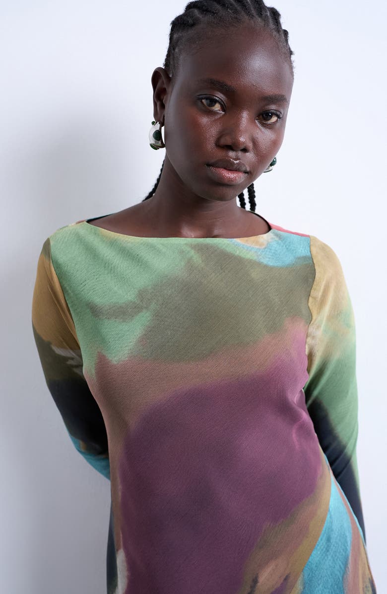 Topshop Abstract Print Long Sleeve Chiffon Maxi Dress, Alternate, color, Burgundy Multi