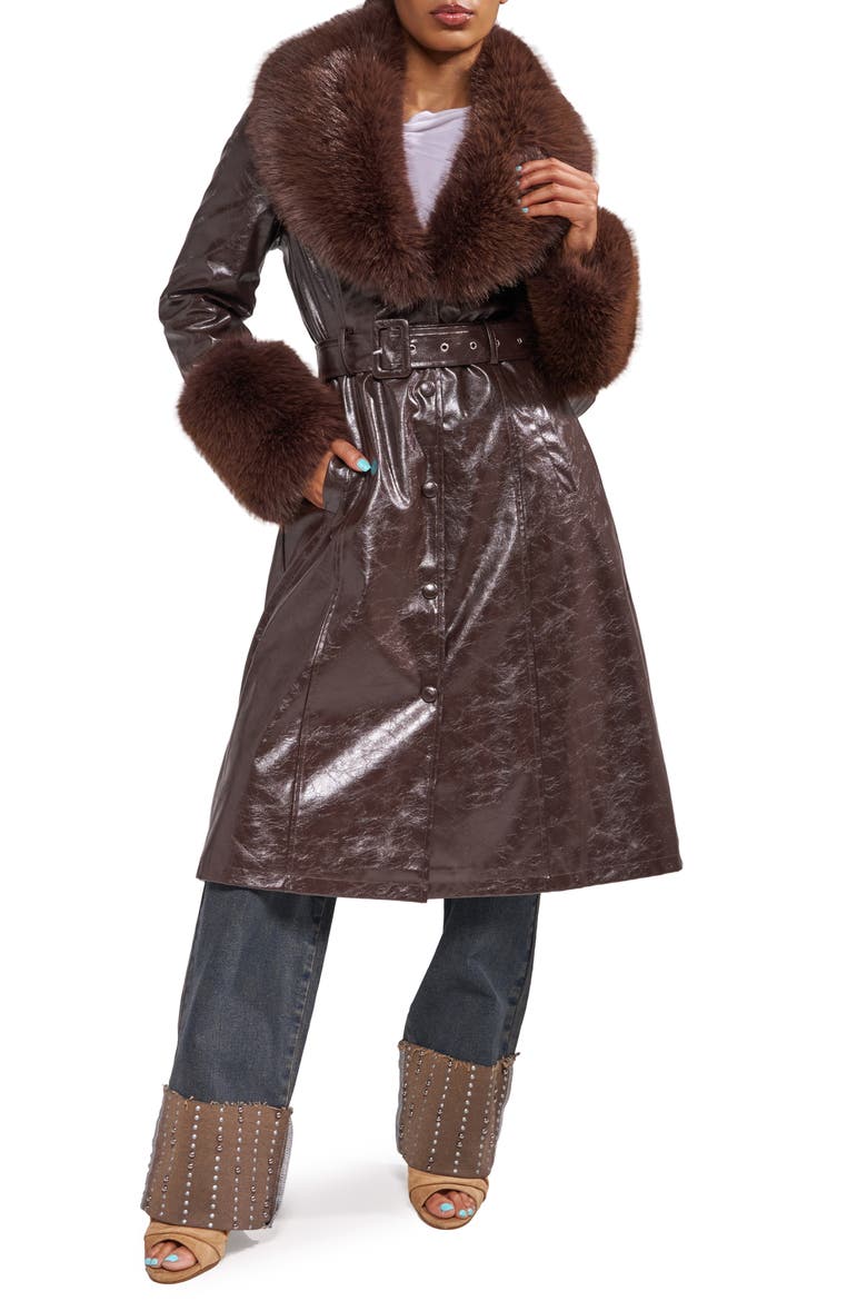 Kaya Trench Coat with Faux Fur Trim, Main, color, ESPRESSO