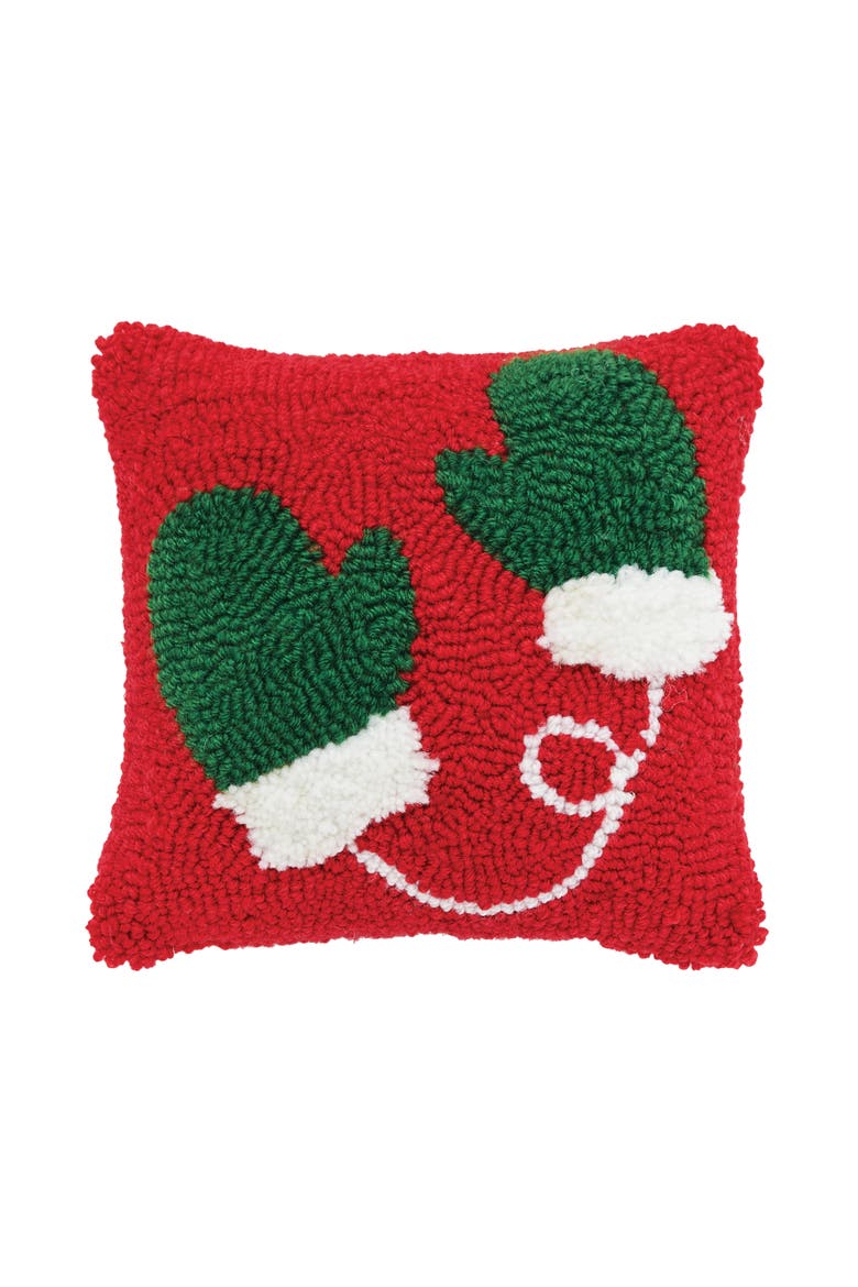 Mittens Hooked Small Christmas Accent Pillow, 8" x 8", Main, color, Red