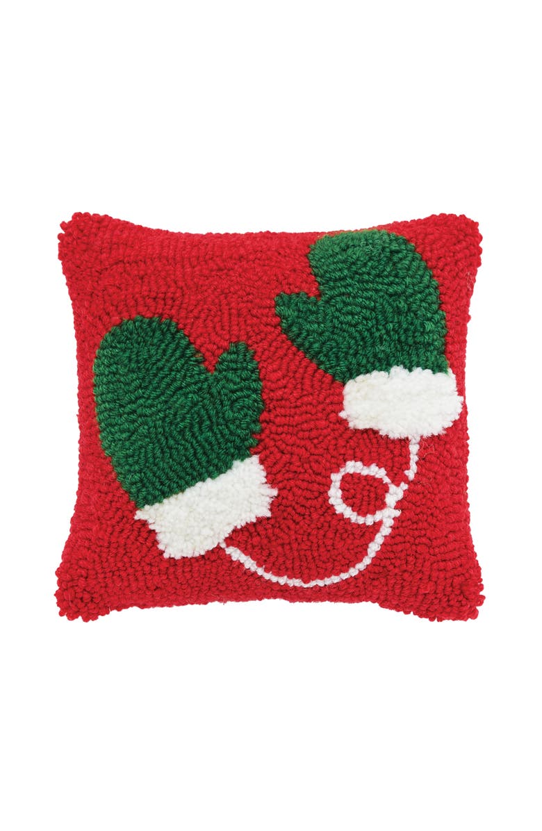 C&F Home Mittens Hooked Small Christmas Accent Pillow, 8" x 8", Main, color, Red