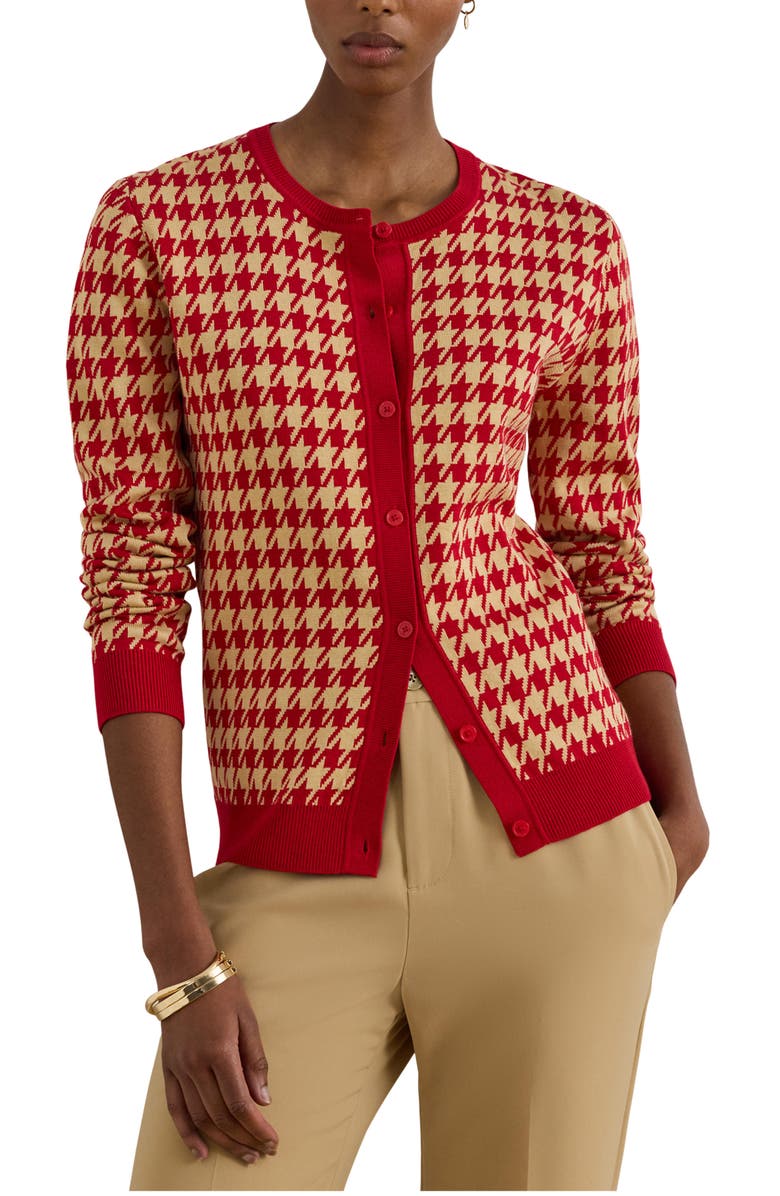 Lauren Ralph Lauren Houndstooth Cotton Blend Cardigan, Main, color, Red/ Tan