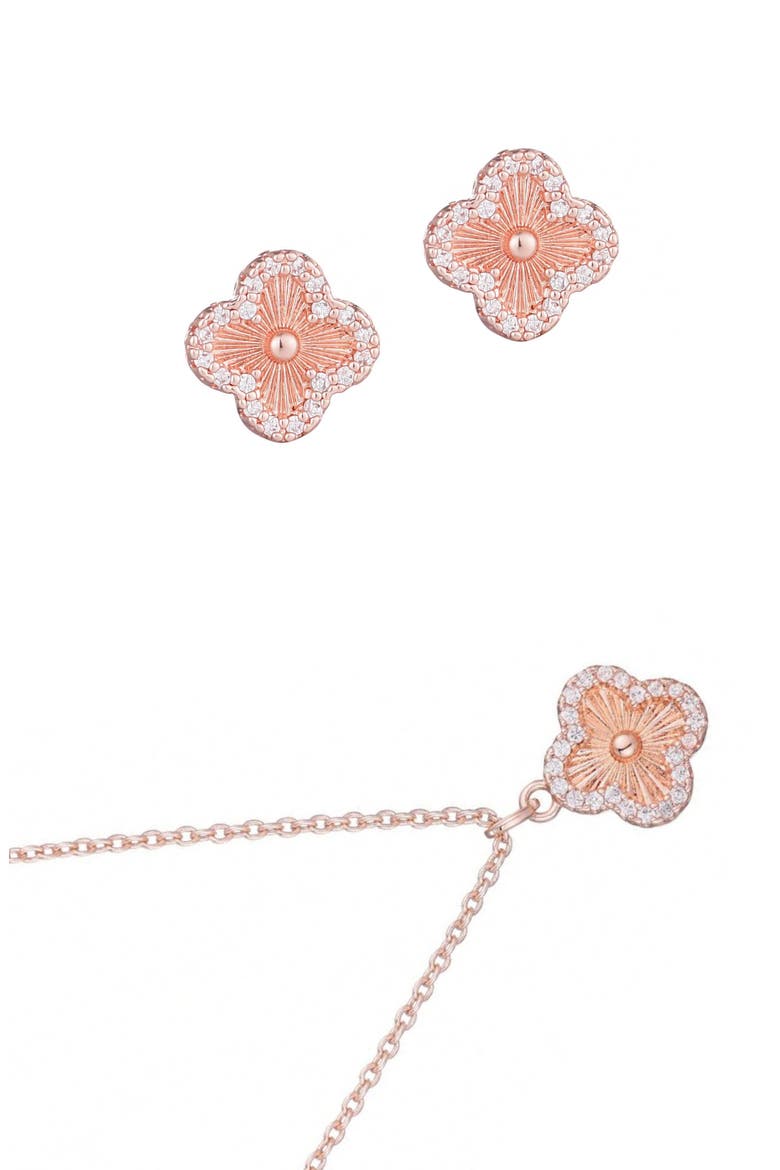 Fluted Clover Stud Earrings & Necklace Set, Main, color, ROSE GOLD