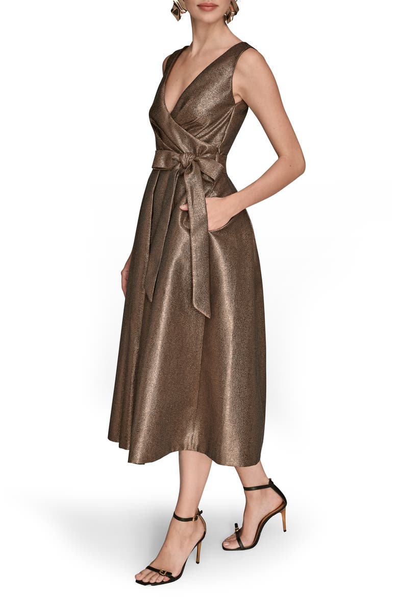 Metallic Jacquard Pleated Faux Wrap Cocktail Dress, Alternate, color, VICUNA