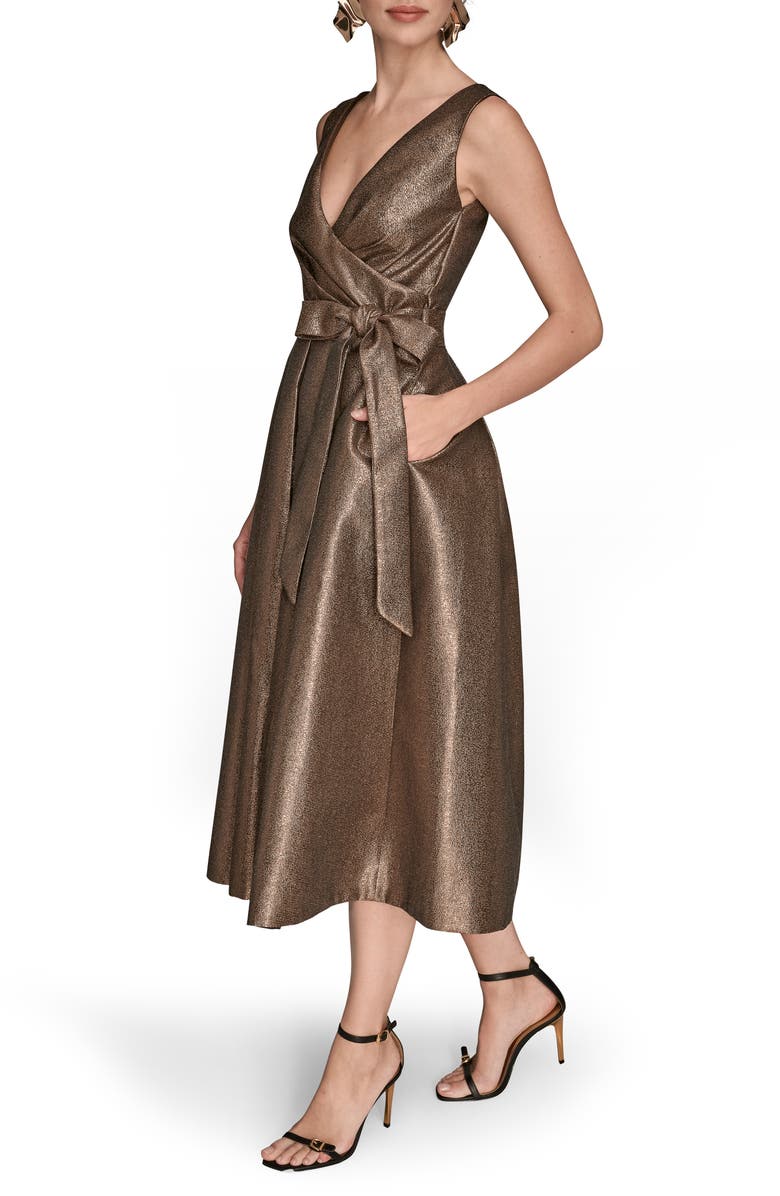 Donna Karan New York Metallic Jacquard Pleated Faux Wrap Cocktail Dress, Alternate, color, Vicuna