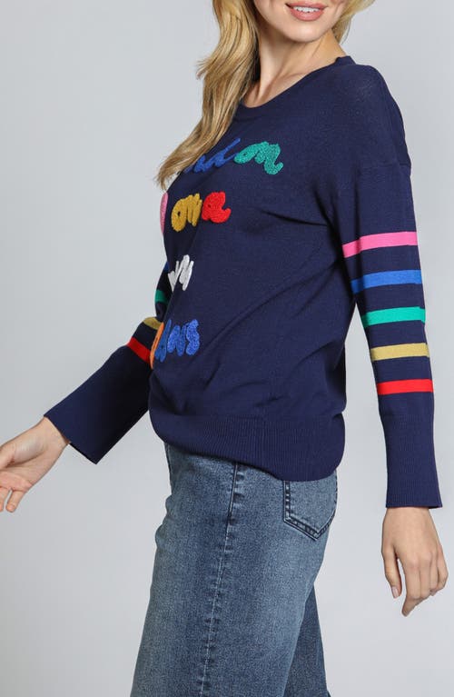 Apny Bouclé Accent Graphic Crewneck Sweater In Navy Multi