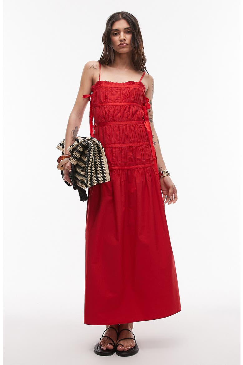 Ruched Cotton Poplin Midi Dress, Main, color, RED