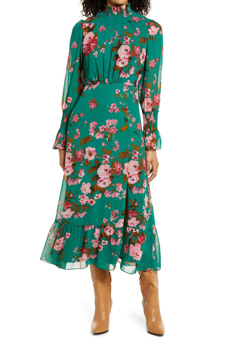 Floral Ruffle Long Sleeve Dress, Main, color, GREEN MULTI