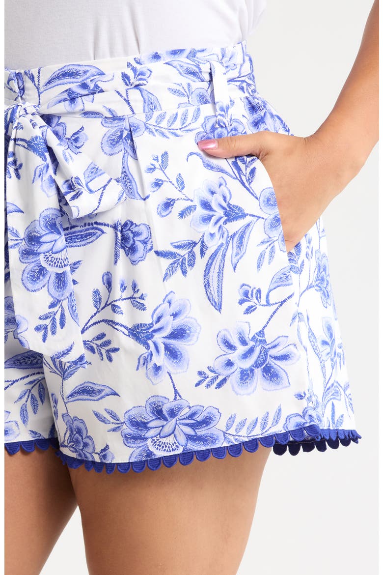 Maeve Belted Floral Zaferia Cotton Shorts, Alternate, color, WHITE COBALTS
