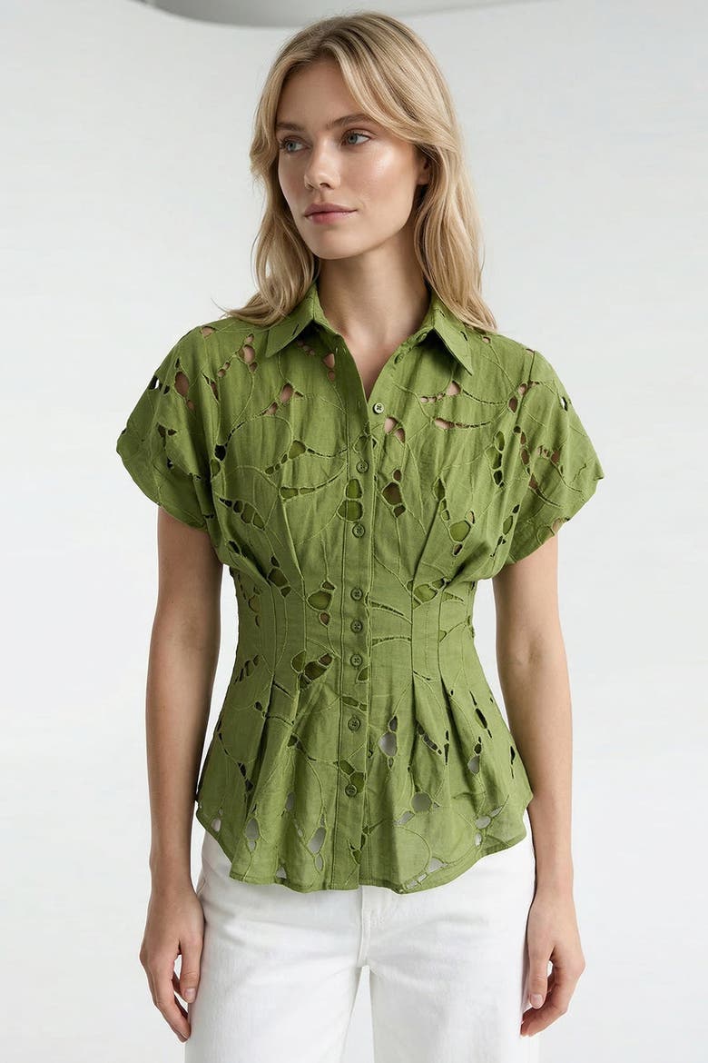 Adalene Shirt Collar Short Sleeve Eyelet Shirt, Main, color, Green