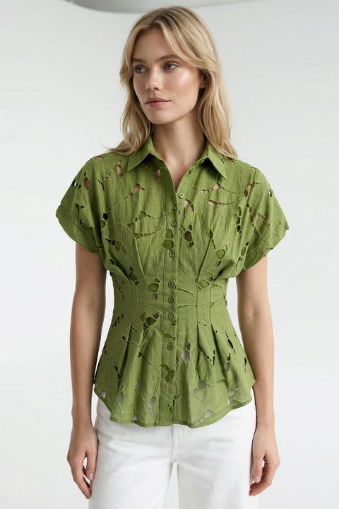 Adalene Shirt Collar Short Sleeve Eyelet Shirt