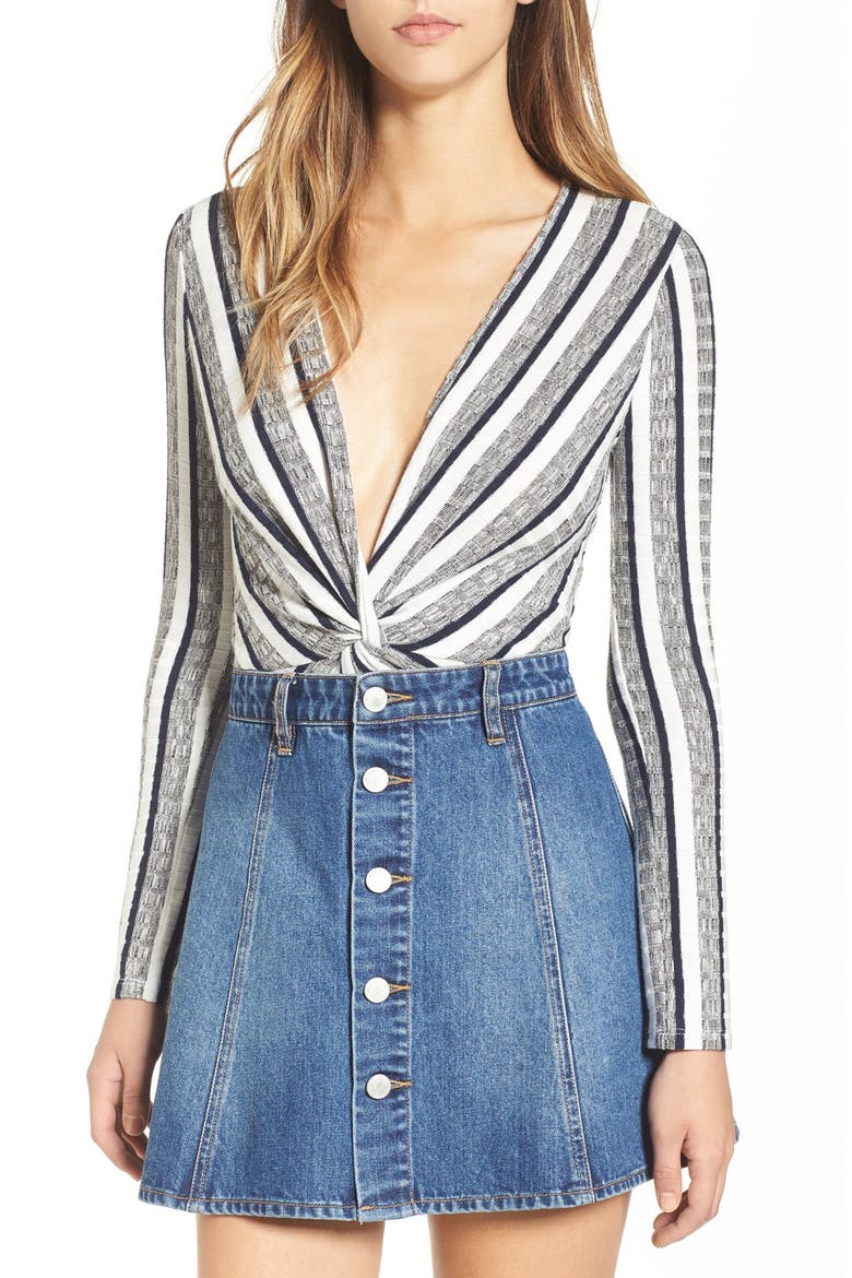 ASTR Stripe Plunge Bodysuit, Main, color, GREY/ NAVY STRIPE