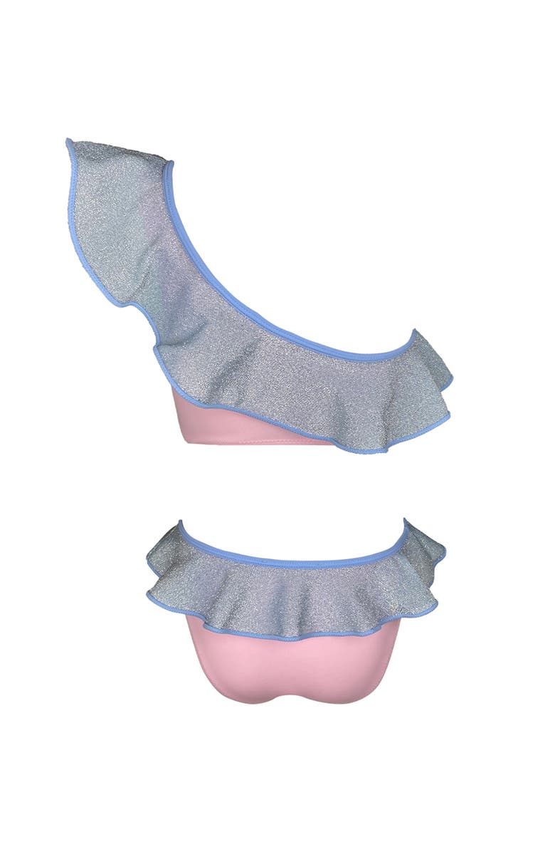 NESSI BYRD Kids' One Shoulder Glitter Ruffle Two-Piece Swimsuit, Alternate, color, Blue-Pink