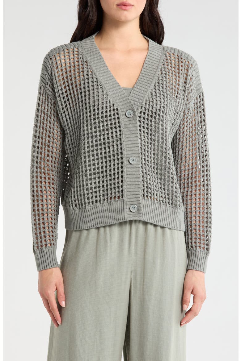 Camellia Openwork V-Neck Cotton Blend Cardigan, Alternate, color, EUCALYPTUS GREEN