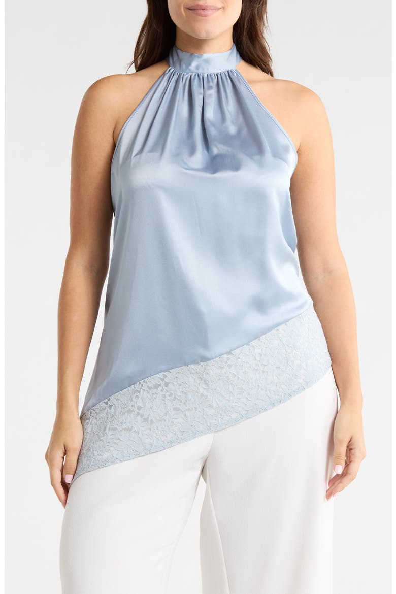 Sleeveless Lace Trim Satin Asymmetric Top, Main, color, STEEL BLUE