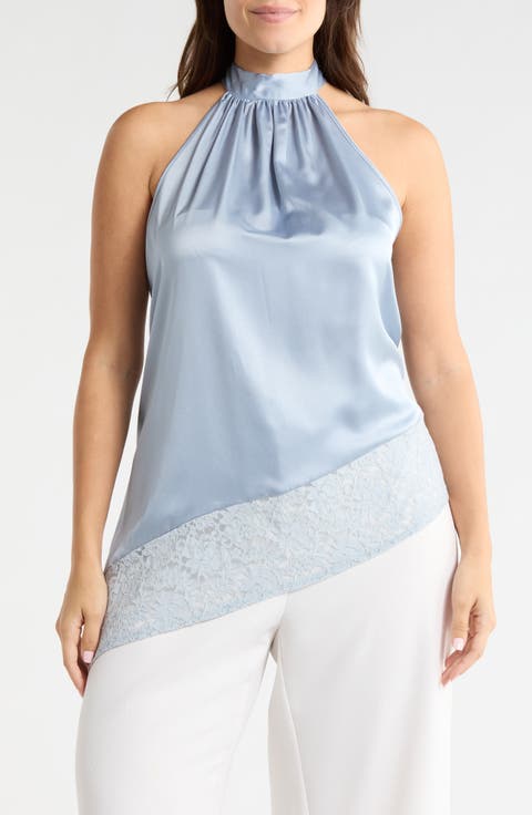 Sleeveless Lace Trim Satin Asymmetric Top (Plus)