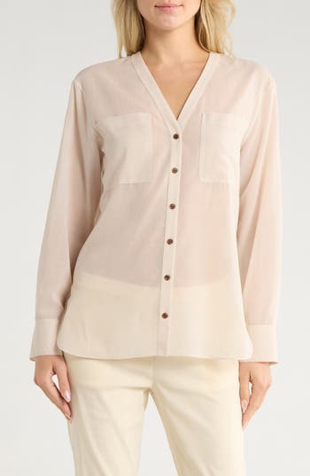 Theory Wool Blend V-neck Button-up Shirt In Pink
