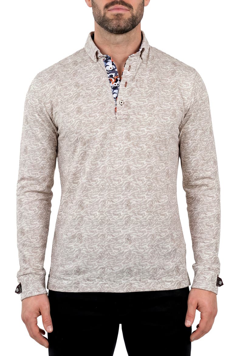 Anima Long Sleeve Print Polo, Main, color, GREY