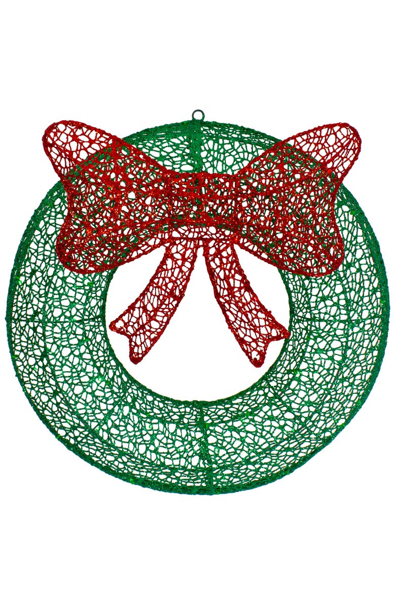 Northlight 24" LED Lighted Green Glitter Wreath with Red Bow Outdoor Christmas Decoration, Main, color, Green