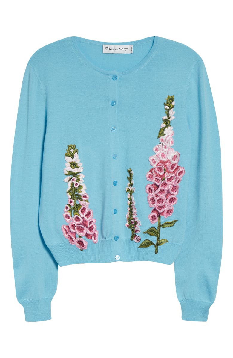Oscar de la Renta Foxglove Embroidered Virgin Wool Cardigan, Main, color, Lilac/ Sky
