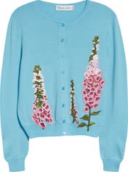 Oscar de la Renta Foxglove Embroidered Virgin Wool Cardigan