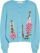 Oscar de la Renta Foxglove Embroidered Virgin Wool Cardigan