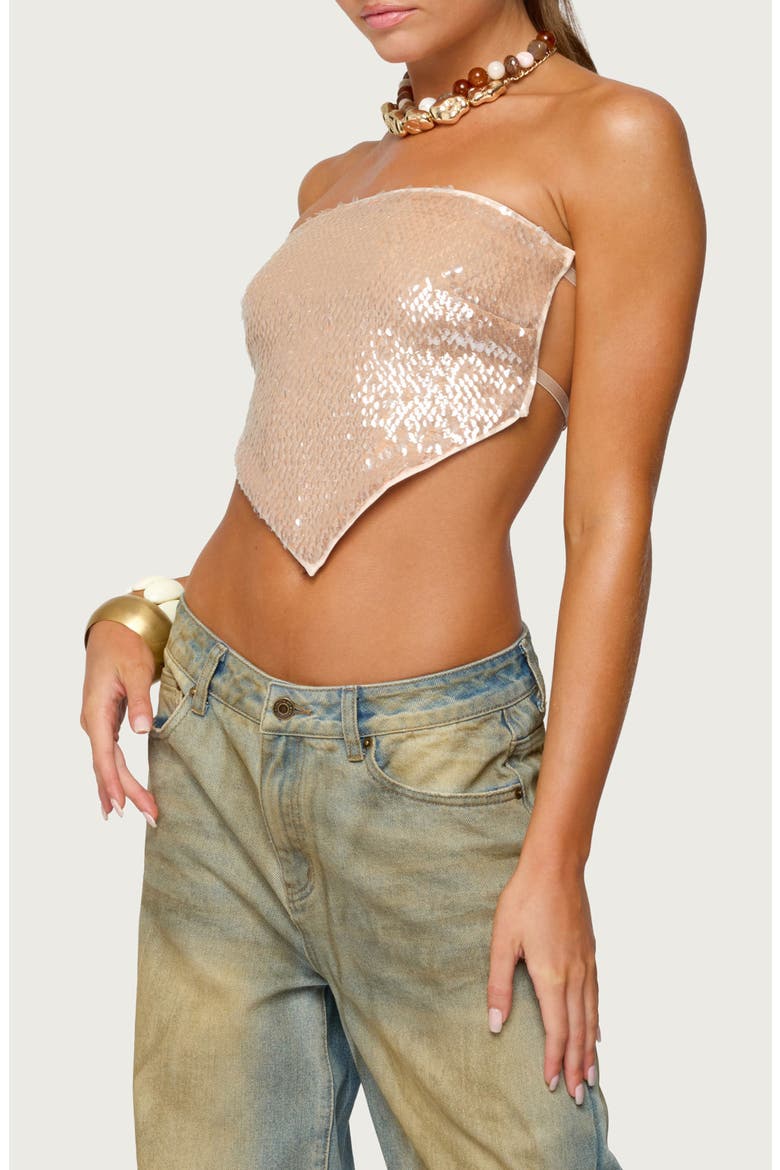 Sequin Strapless Handkerchief Crop Top, Alternate, color, BEIGE