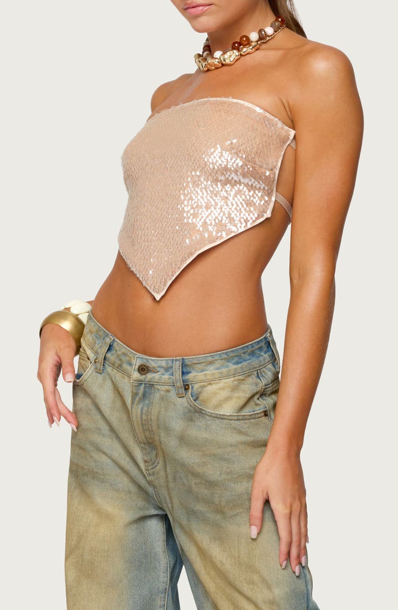 EDIKTED Sequin Strapless Handkerchief Crop Top, Alternate, color, Beige