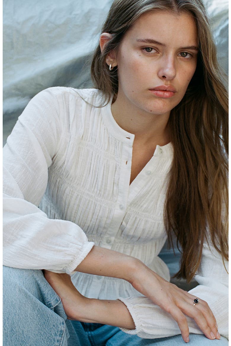 Ruched Button-Front Top, Alternate, color, OFF WHITE