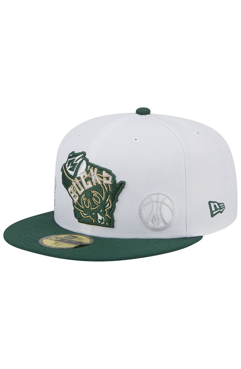 New Era Men's New Era White/Hunter Green Milwaukee Bucks State Pride 59FIFTY Fitted Hat, Main, color, 