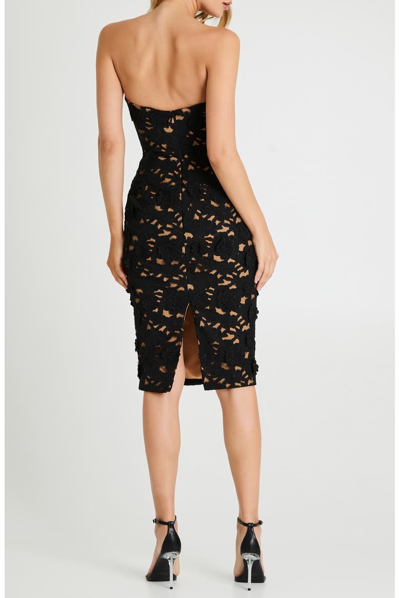 Lina Embroidered Floral Appliqué Strapless Cocktail Sheath Dress, Alternate, color, BLACK/ NUDE