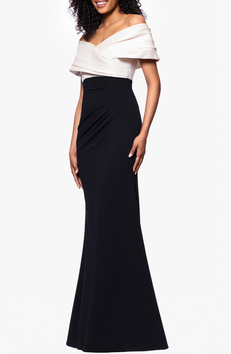 Betsy & Adam Off the Shoulder Scuba Crepe Gown., Alternate, color, Champagne/ Black