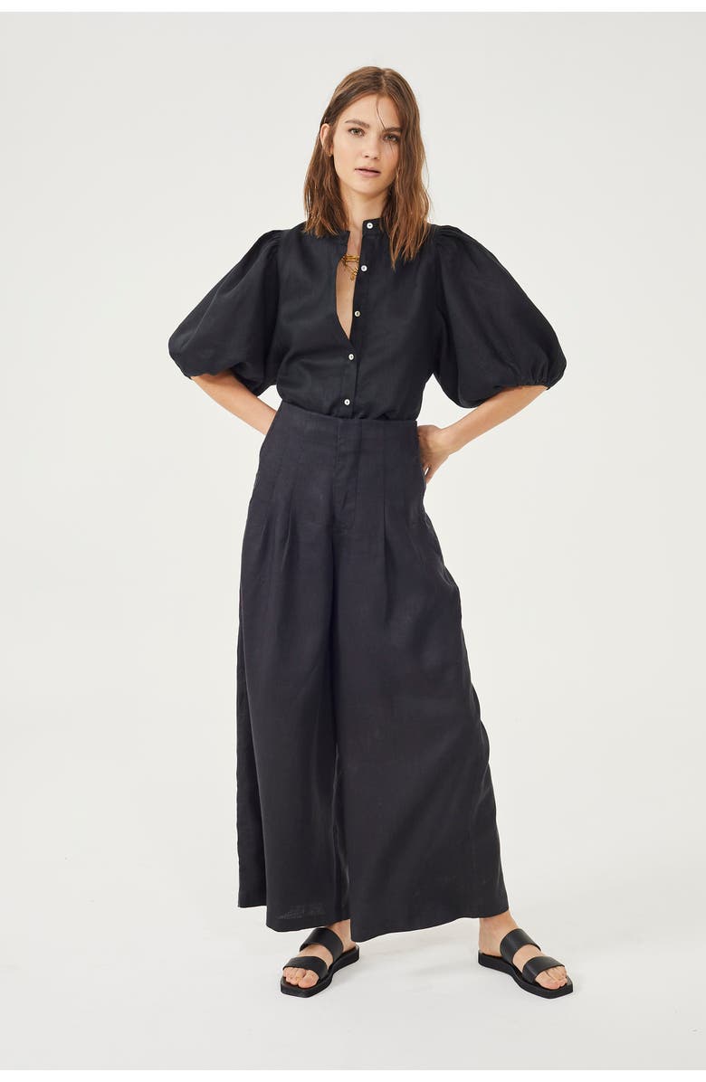 LANHTROPY Culotte Linen Pants, Main, color, Black