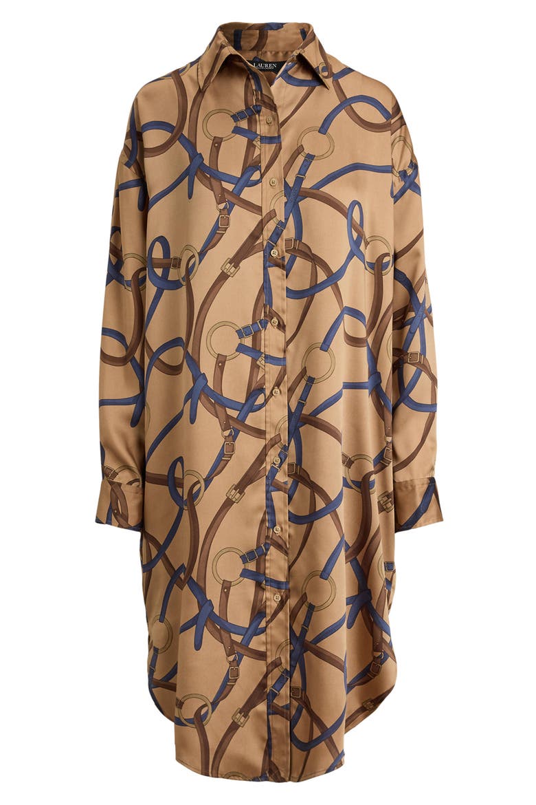 Belt Print Long Sleeve Twill Shirtdress, Alternate, color, CAMEL BEIGE