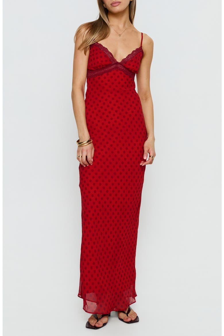 Adasia Polka Dot Lace Trim Maxi Dress, Main, color, RED POLKA DOT