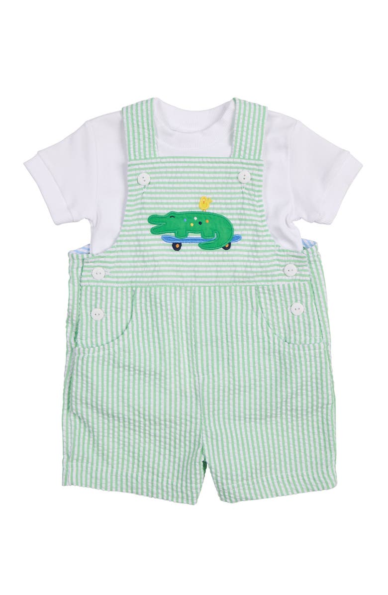 Florence Eiseman Seersucker Shortall With Skateboarding Gator, Alternate, color, Green / White