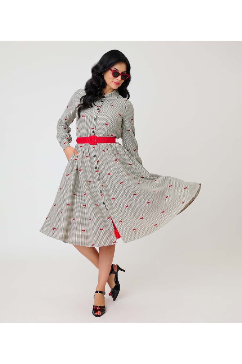 Long Sleeve Belted Shirt Dress, Alternate, color, Grey Gingham Cherry Print