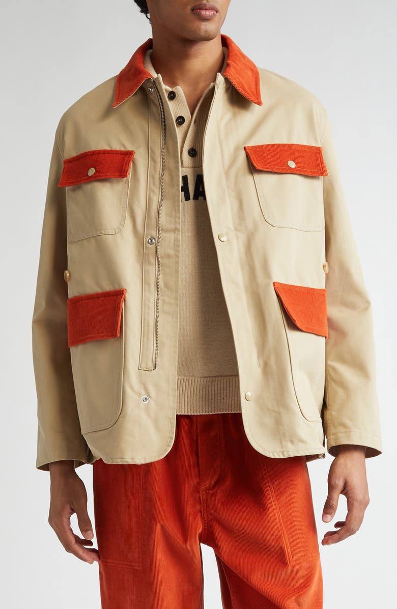 Bode Corduroy Trim Cotton Twill Hunting Jacket, Main, color, Multicolor