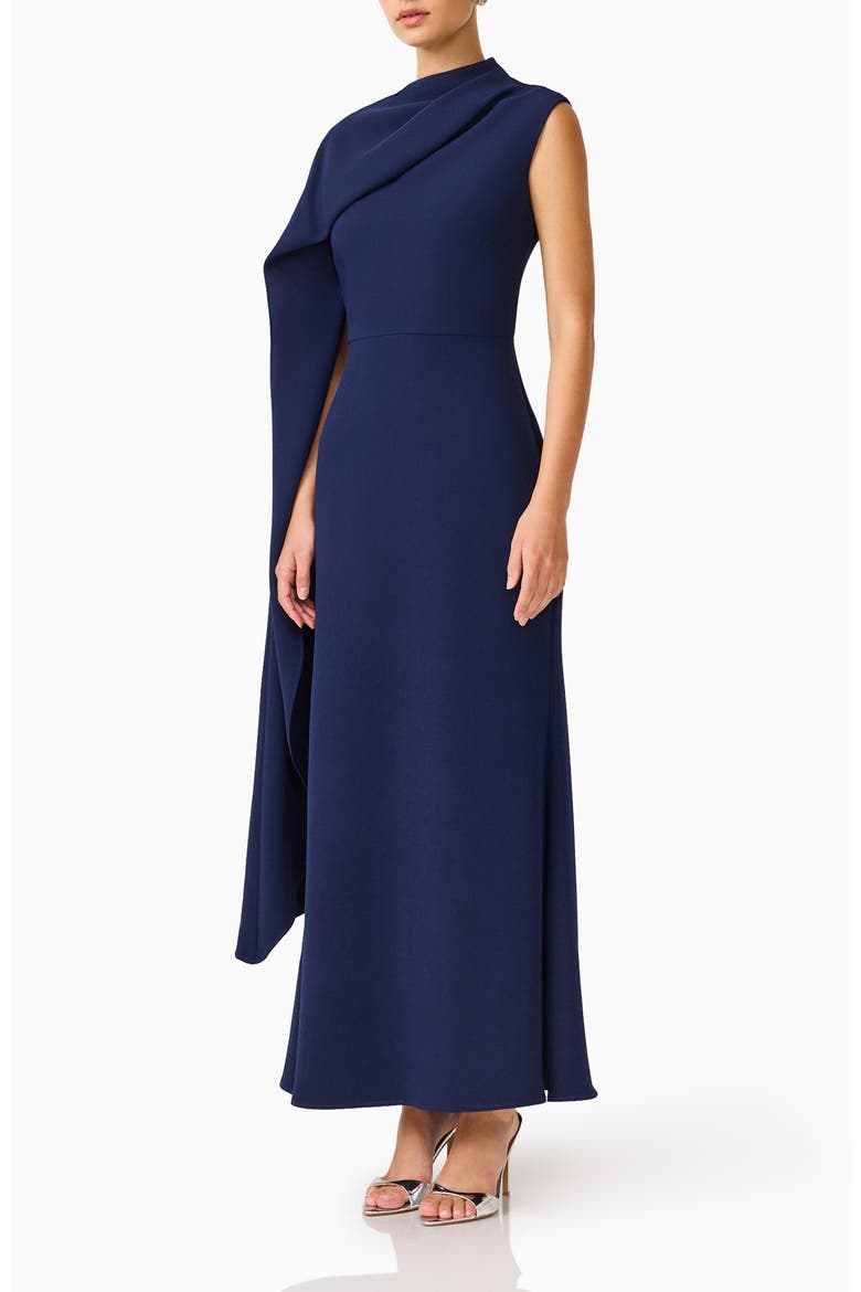 Leonara Asymmetric Cape Dress, Alternate, color, DEEP NAVY