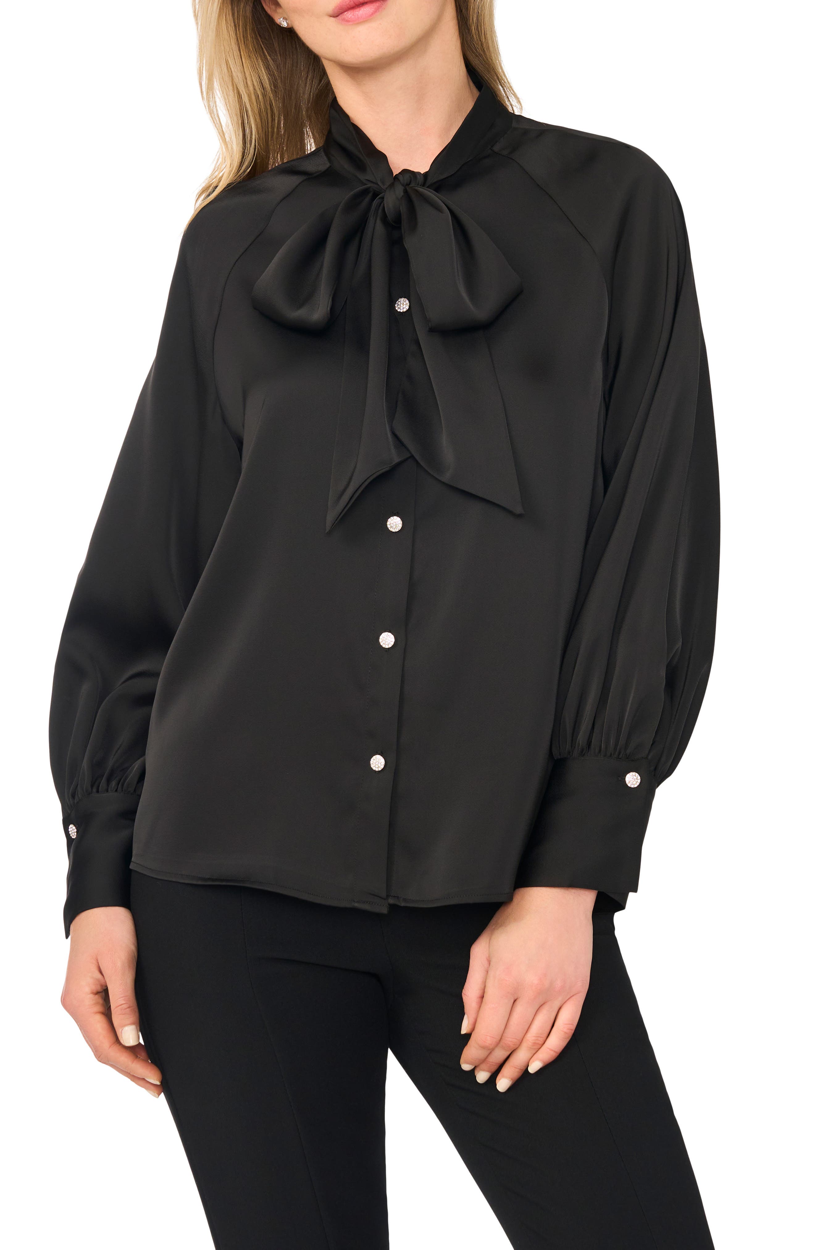 Neck Tie Satin Raglan Blouse