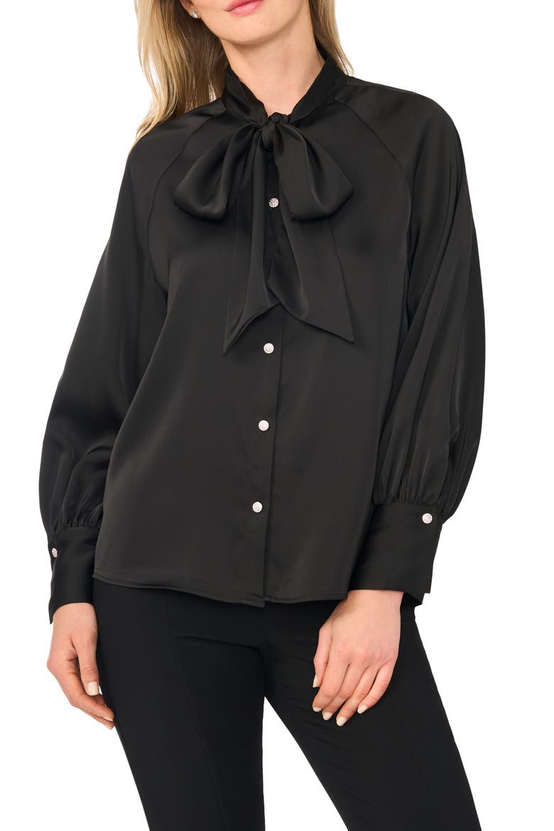 Neck Tie Satin Raglan Blouse, Main, color, RICH BLACK